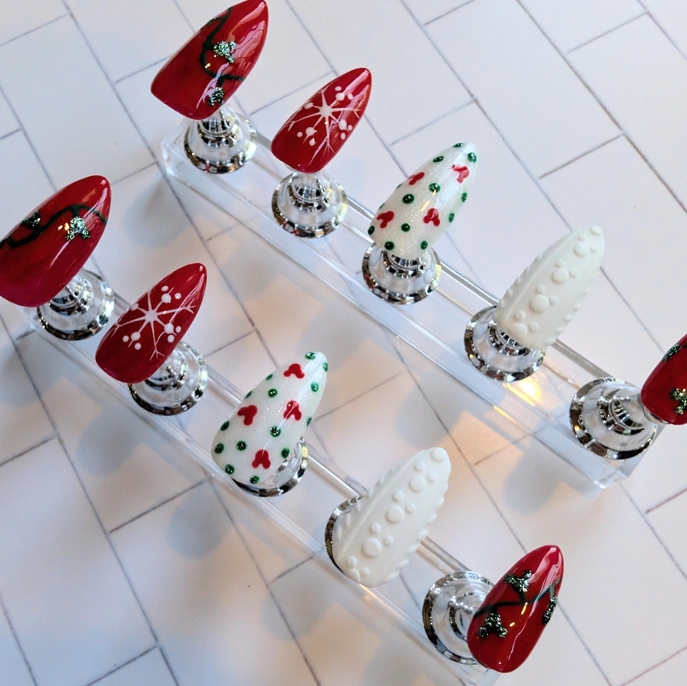 Handcrafted Mickey Mouse Christmas Press On Nails Medium Almond Handmade Holiday